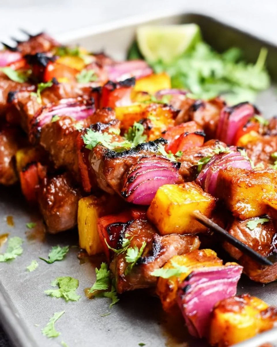 Delicious Pineapple BBQ Pork Skewers on a grill