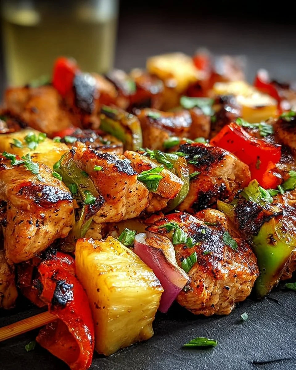 Pineapple Chicken Kabobs skewers with grilled chicken and pineapple chunks