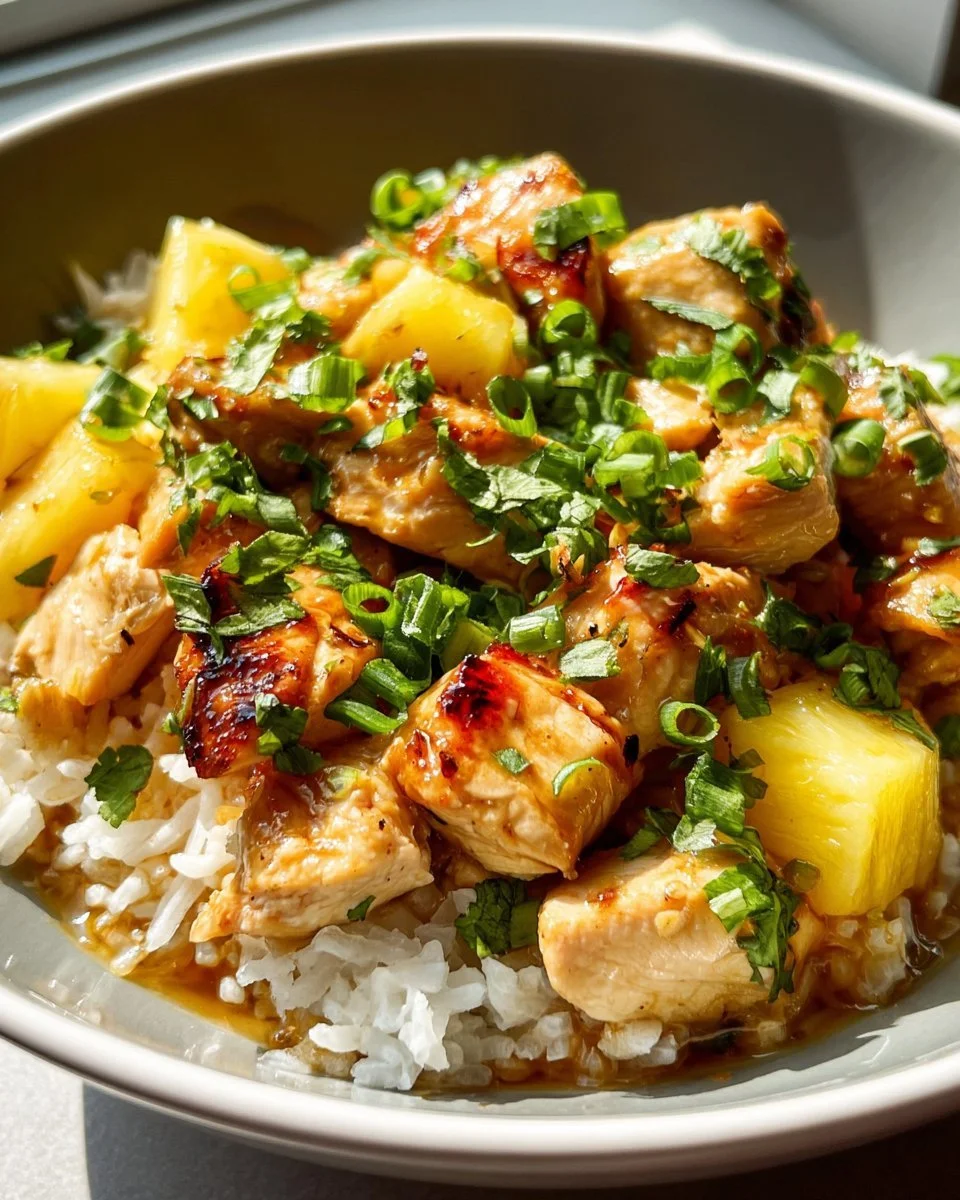 Delicious Pineapple Chicken Rice Bowl with vibrant vegetables and juicy pineapple chunks.