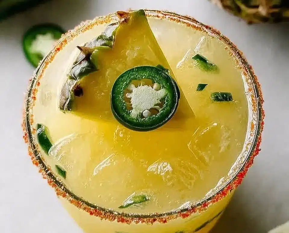 Delicious Pineapple Jalapeño Margarita in a glass with lime and jalapeño garnish.