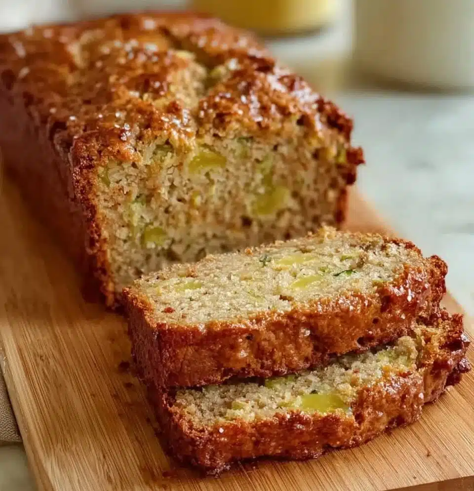 Slice of pineapple zucchini bread on a wooden cutting board