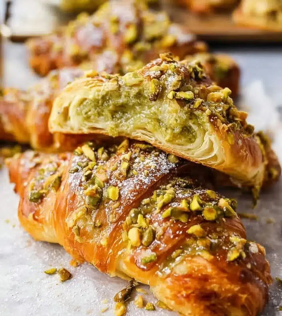Freshly baked pistachio croissants with a flaky exterior and rich filling.