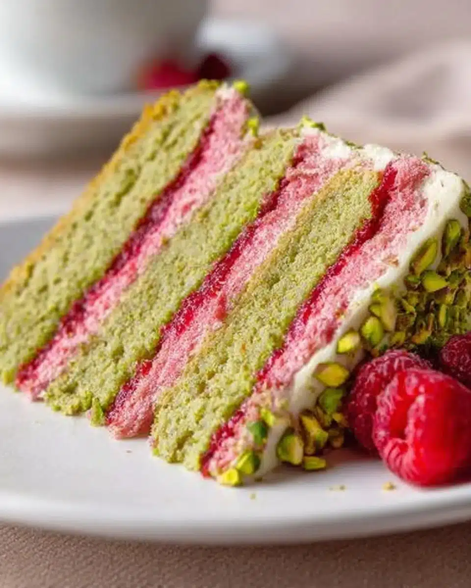 Pistachio layer cake with raspberry jam on a white plate