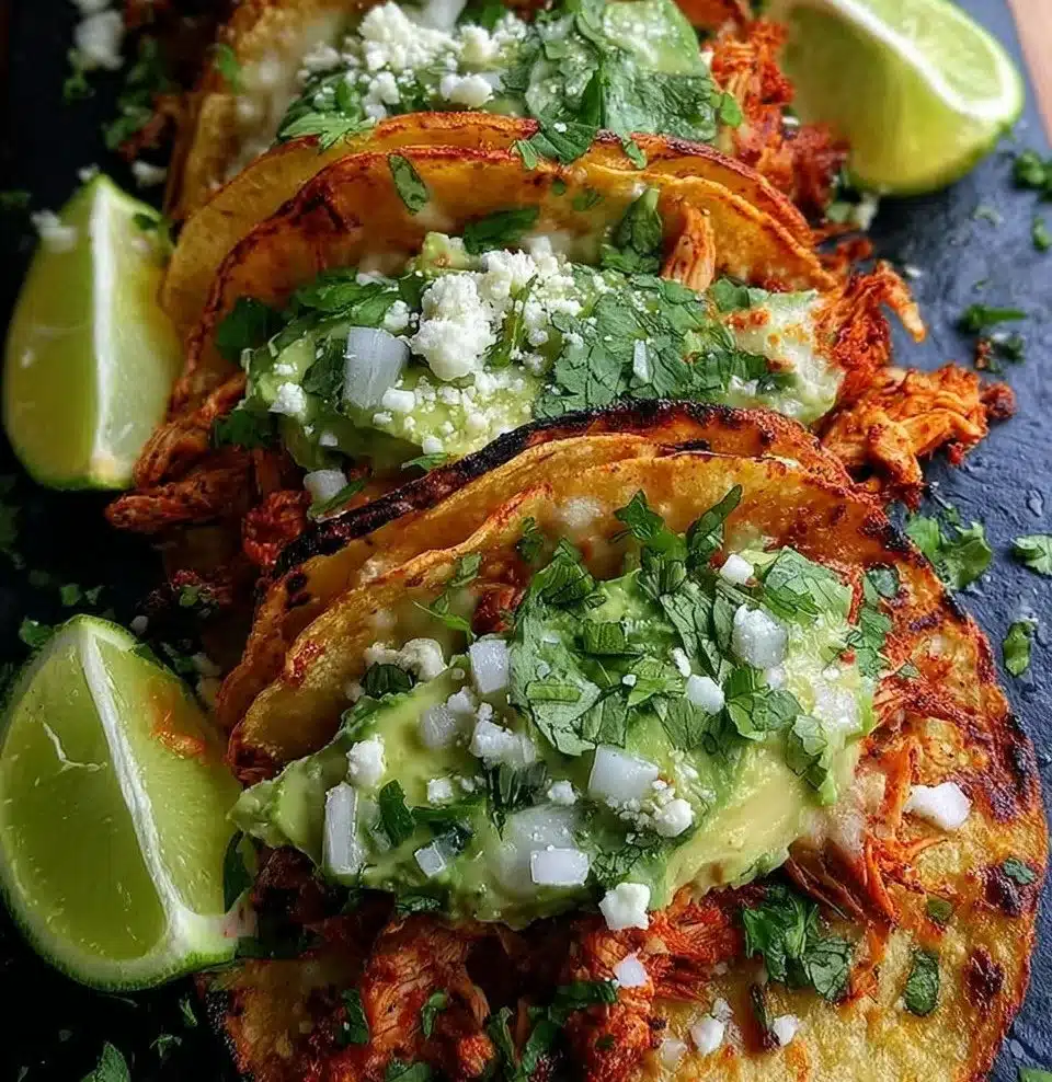 Delicious Poblano Chicken Tacos with fresh toppings and spices