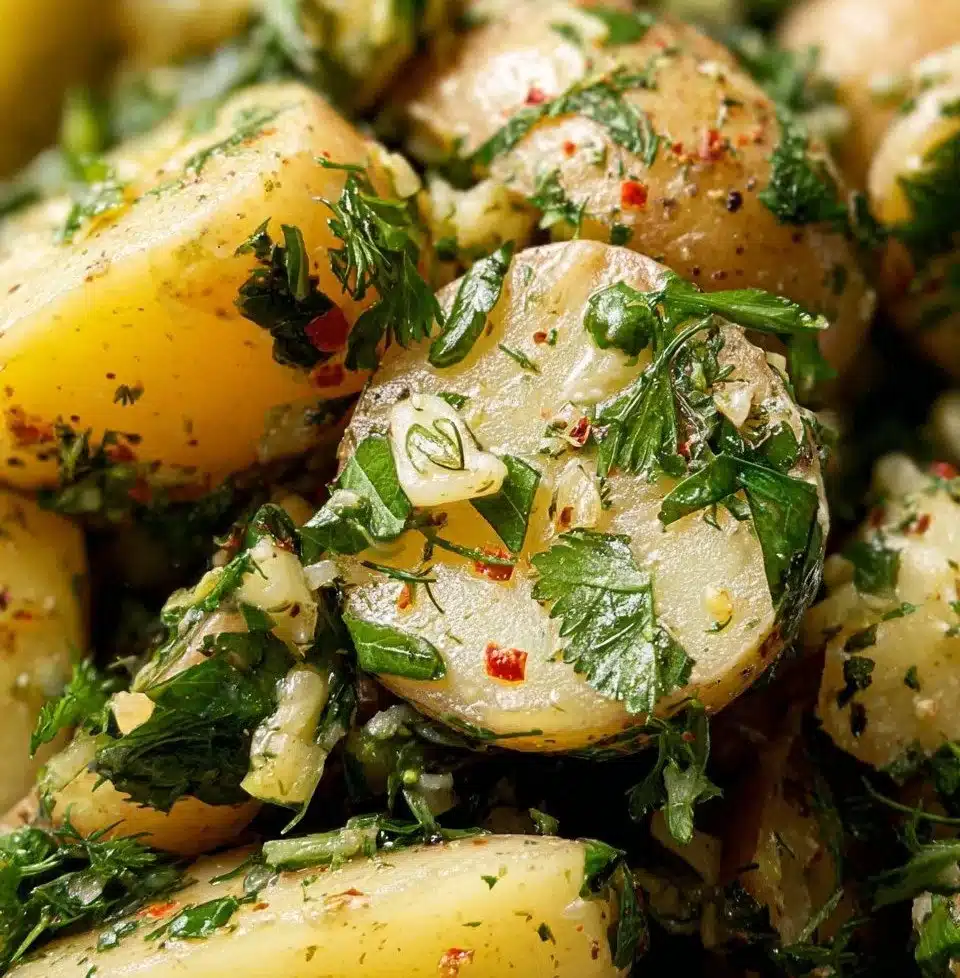 Delicious homemade potato salad served in a bowl with fresh herbs