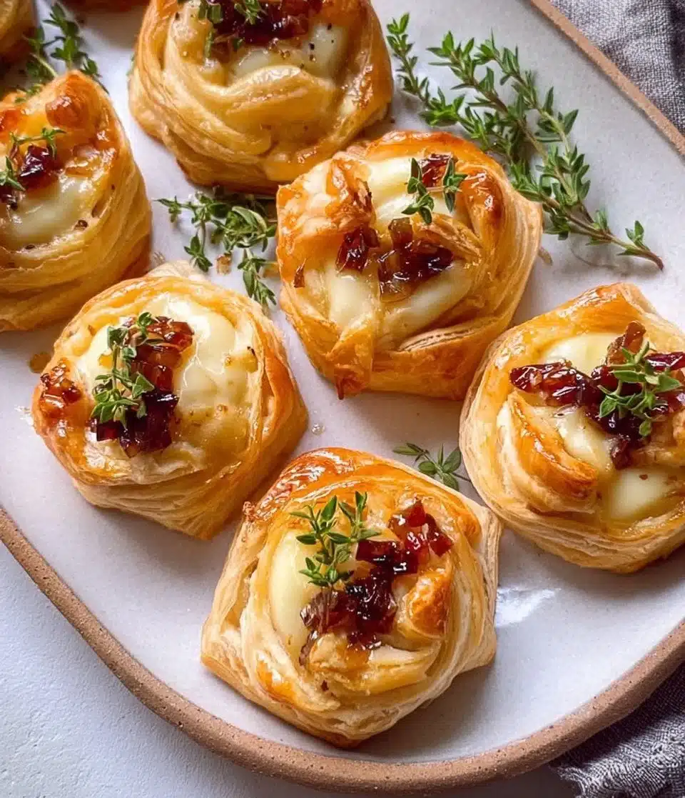 Delicious Puff Pastry Brie Bites topped with herbs and served on a platter