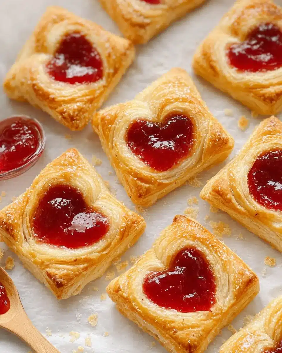 Homemade puff pastry jam tarts filled with assorted fruit jams.