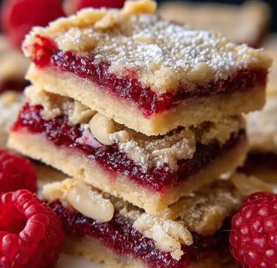 Delicious Raspberry Almond Shortbread Bars on a plate with fresh raspberries