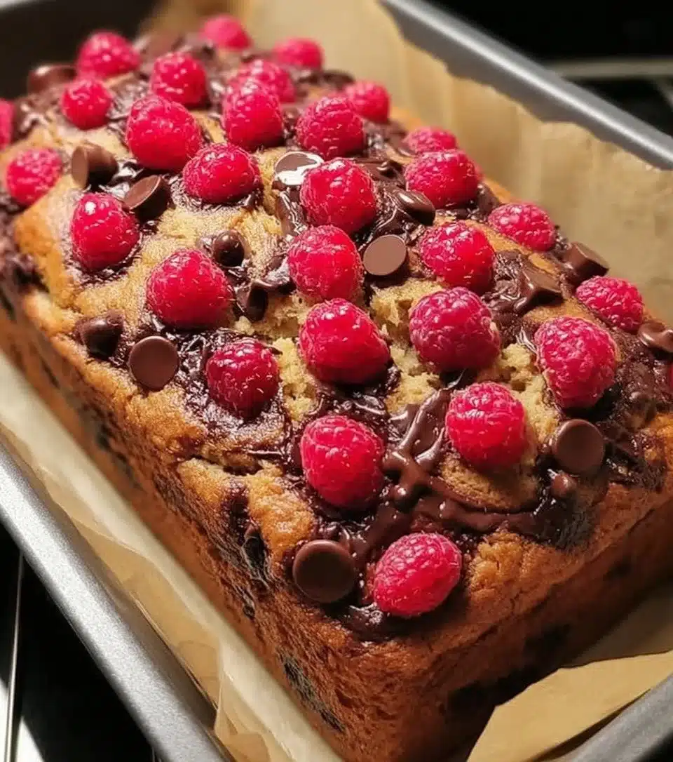 Delicious Raspberry Chocolate Chip Loaf with fresh raspberries and chocolate chips