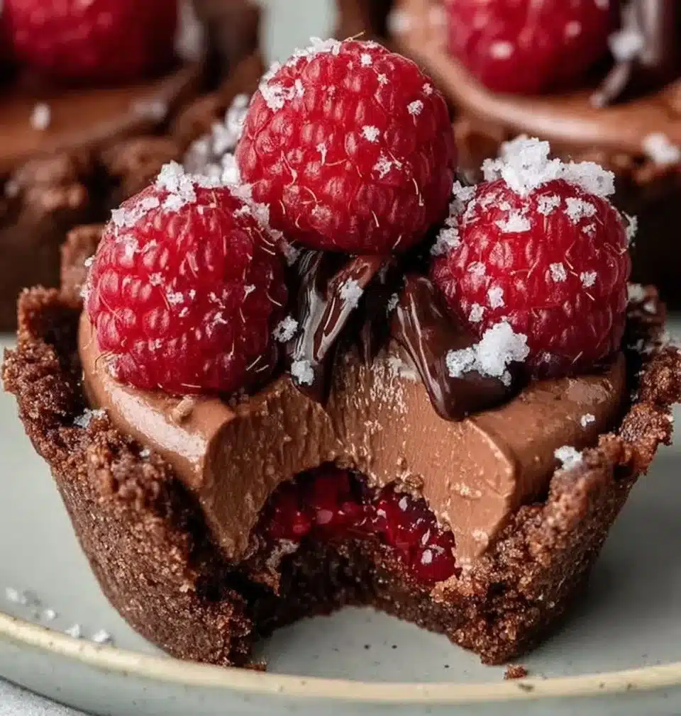 Elegant Raspberry Chocolate Mousse Cups topped with fresh raspberries.