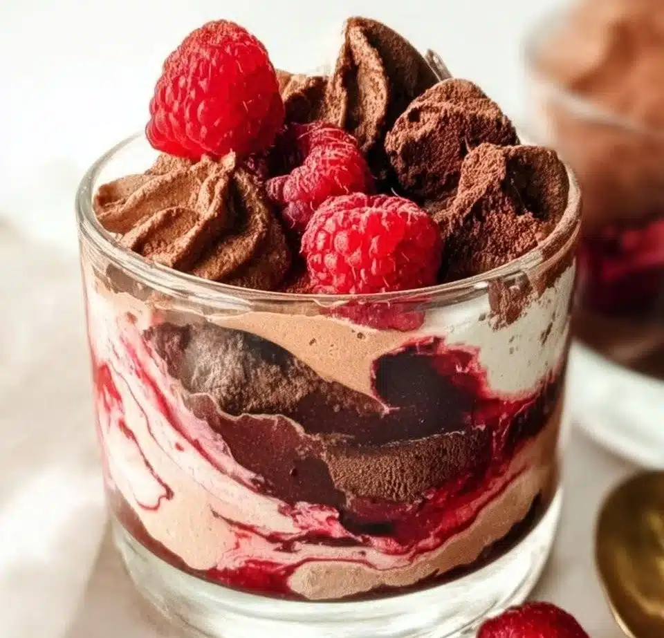 Delicious Raspberry Fudge Parfait layered with rich fudge and fresh raspberries.