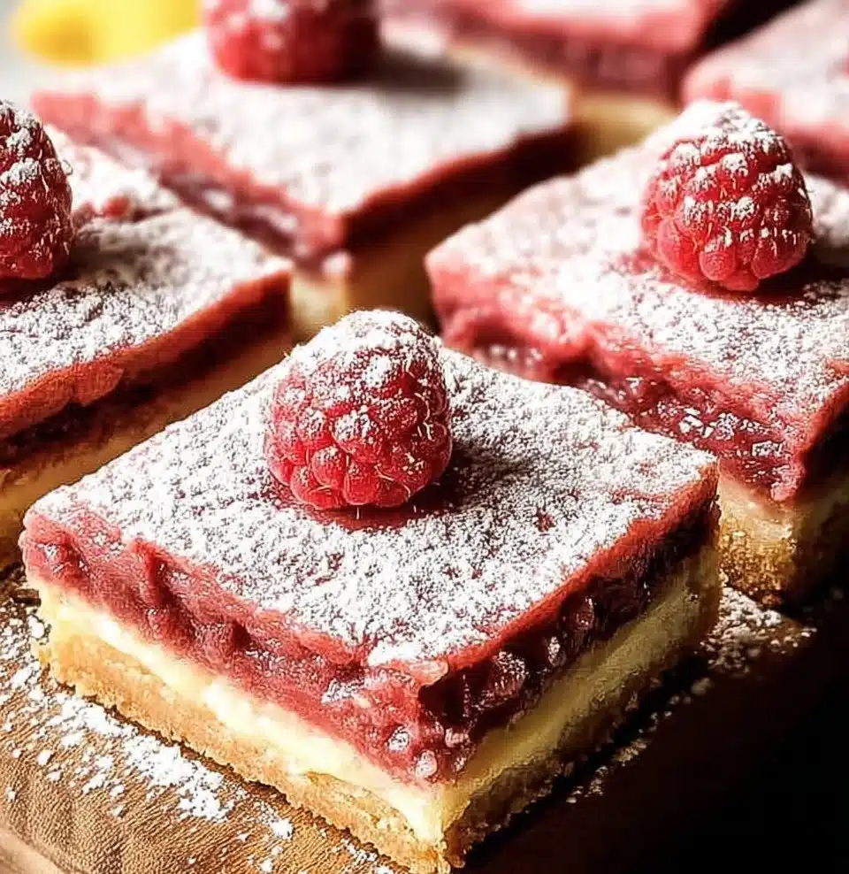 Delicious raspberry lemon bars on a white plate with fresh raspberries.
