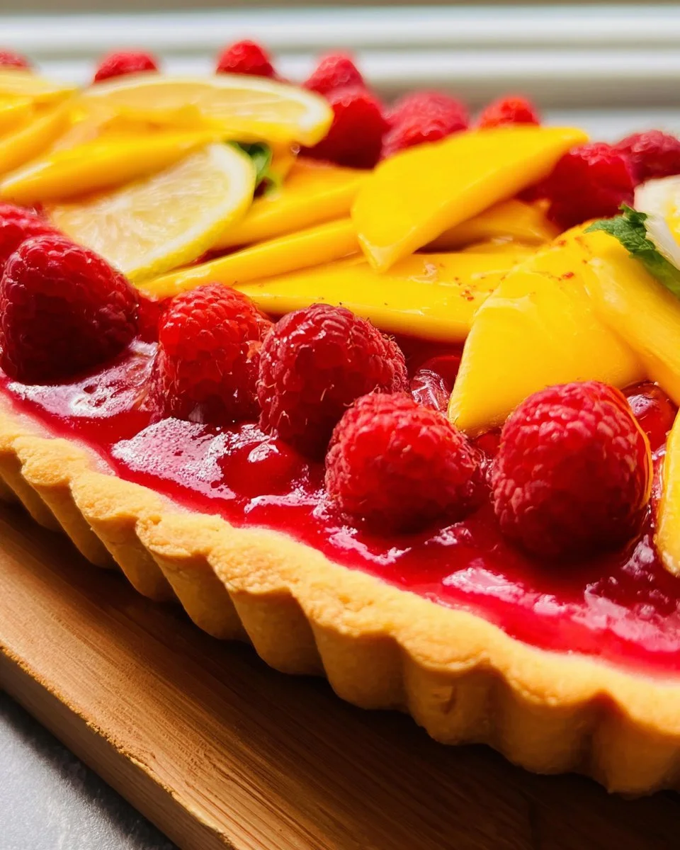 Delicious Raspberry Mango Tart with fresh fruit and pastry crust