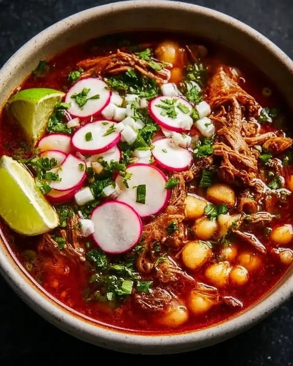 A bowl of delicious Red Pozole garnished with radishes, cabbage, and lime