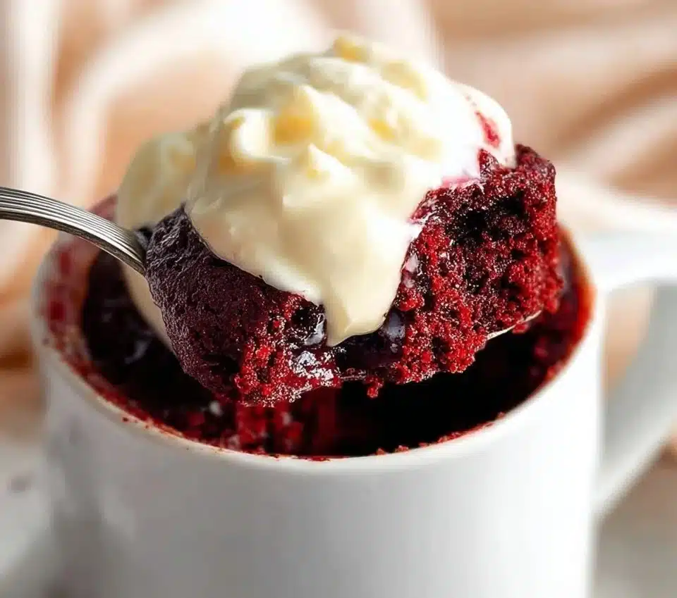 Delicious red velvet mug cake topped with cream cheese frosting
