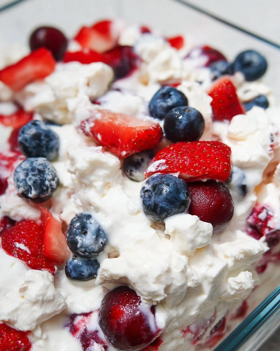 Red, White, and Blue Cheesecake Salad with strawberries, blueberries, and cream cheese
