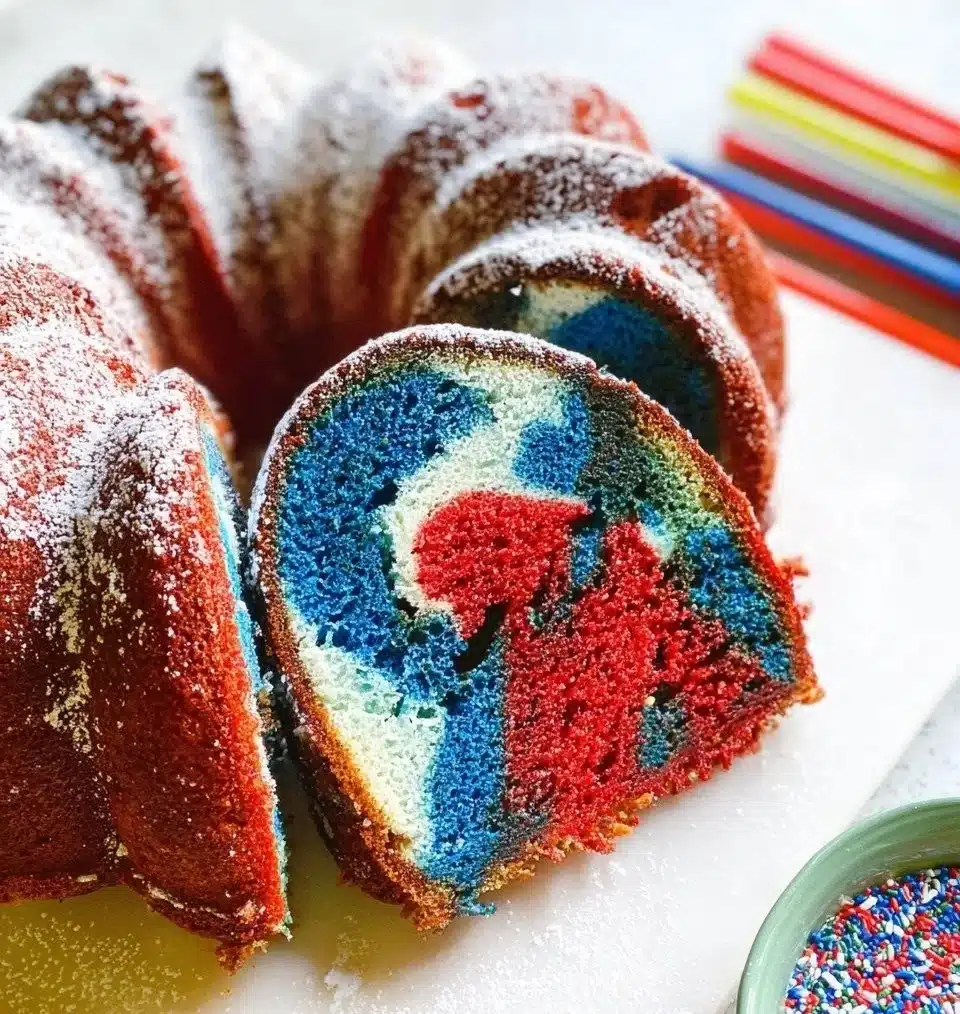 Delicious Red White & Blue Marble Cake with vibrant layers of red, white, and blue.