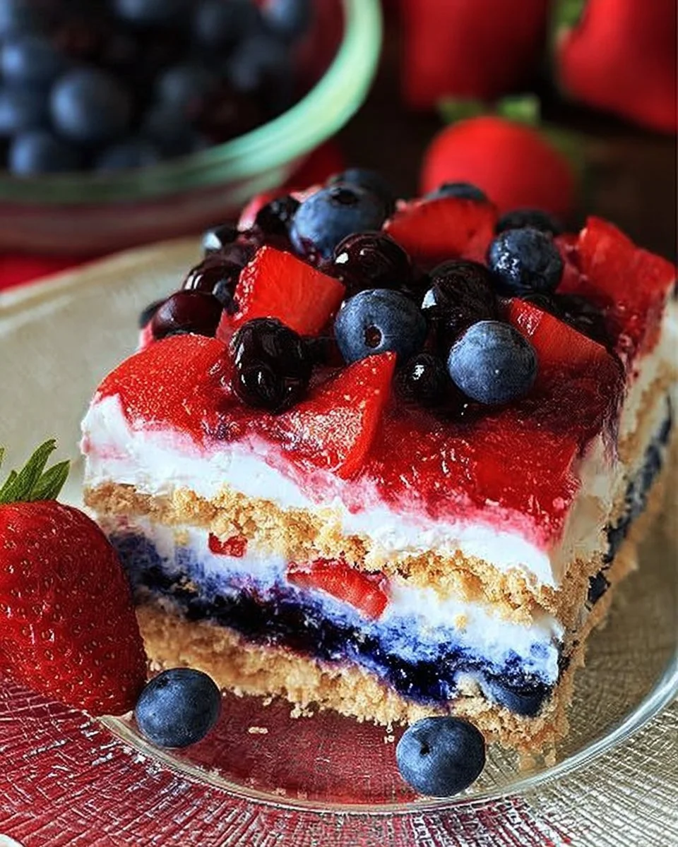 Red White & Blue Mixed Berry dessert featuring vibrant strawberries, blueberries, and cream.