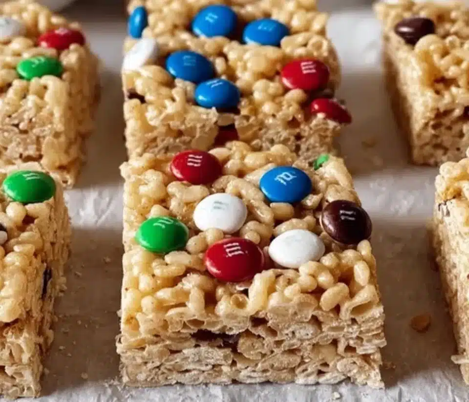 Bowl of Rice Krispies with colorful M&Ms on top