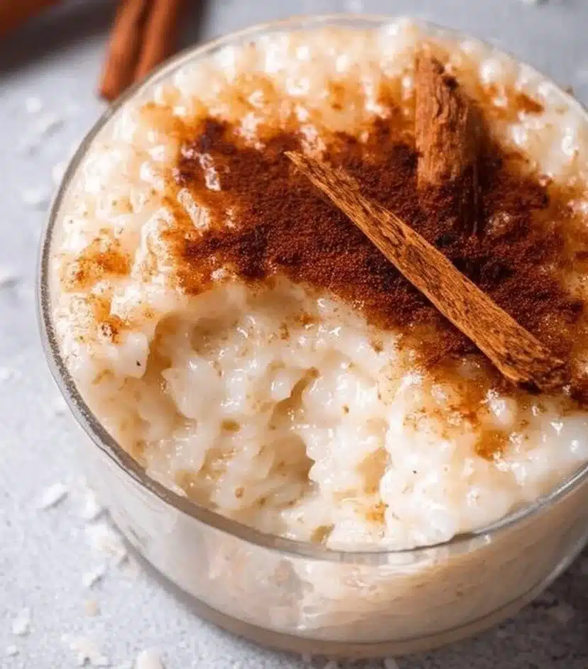 Delicious bowl of rice pudding topped with cinnamon and raisins