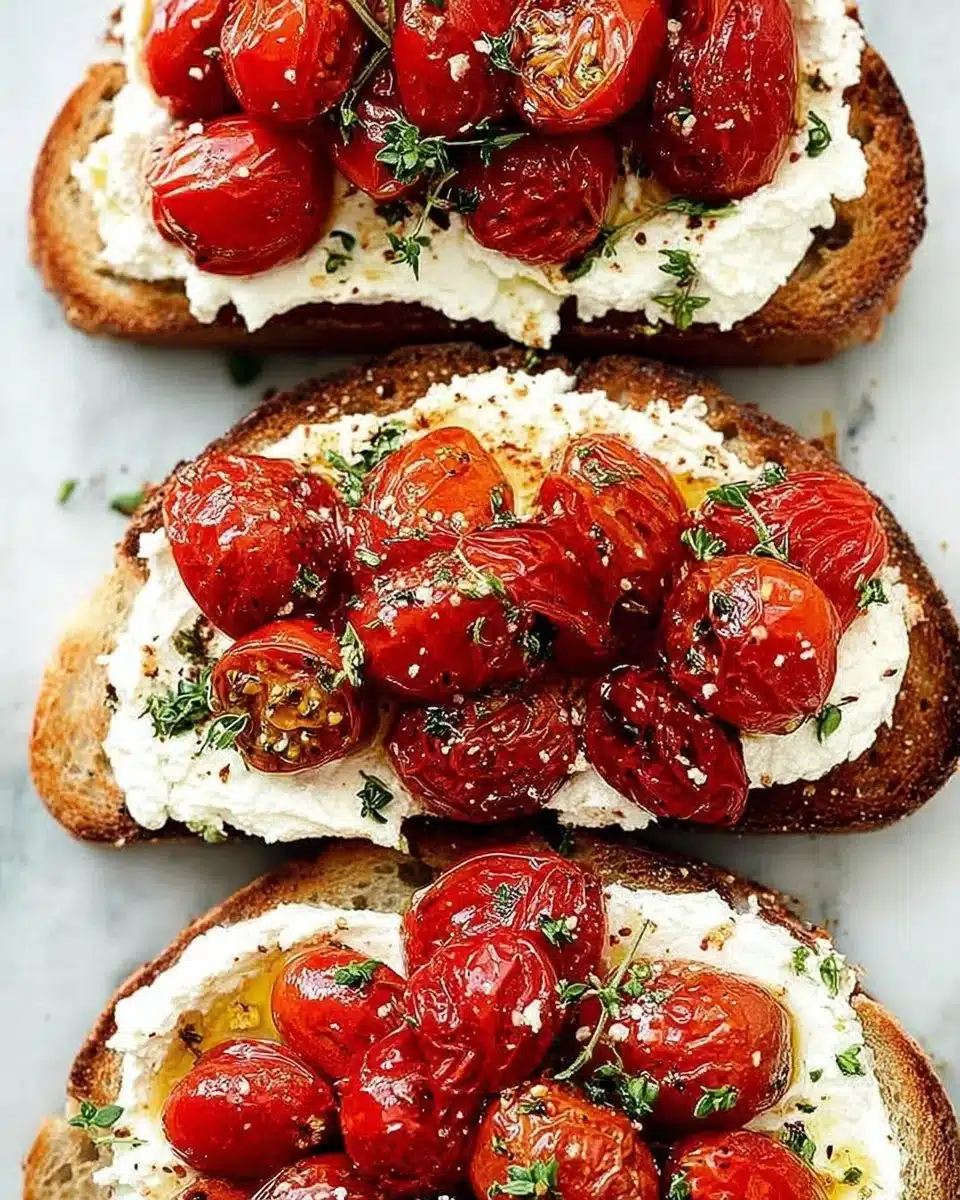 Delicious ricotta toast crostini with roasted tomatoes on a wooden serving board