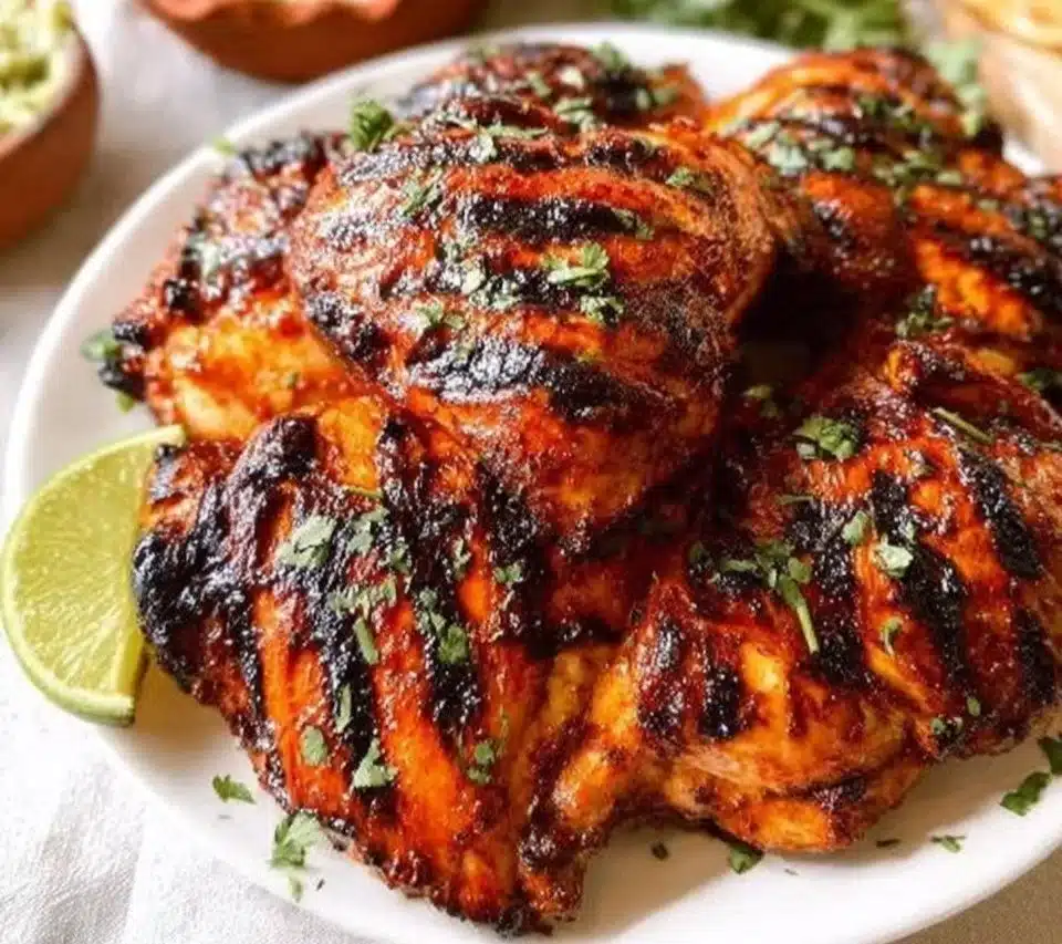 Golden brown roast chicken served with herbs and spices