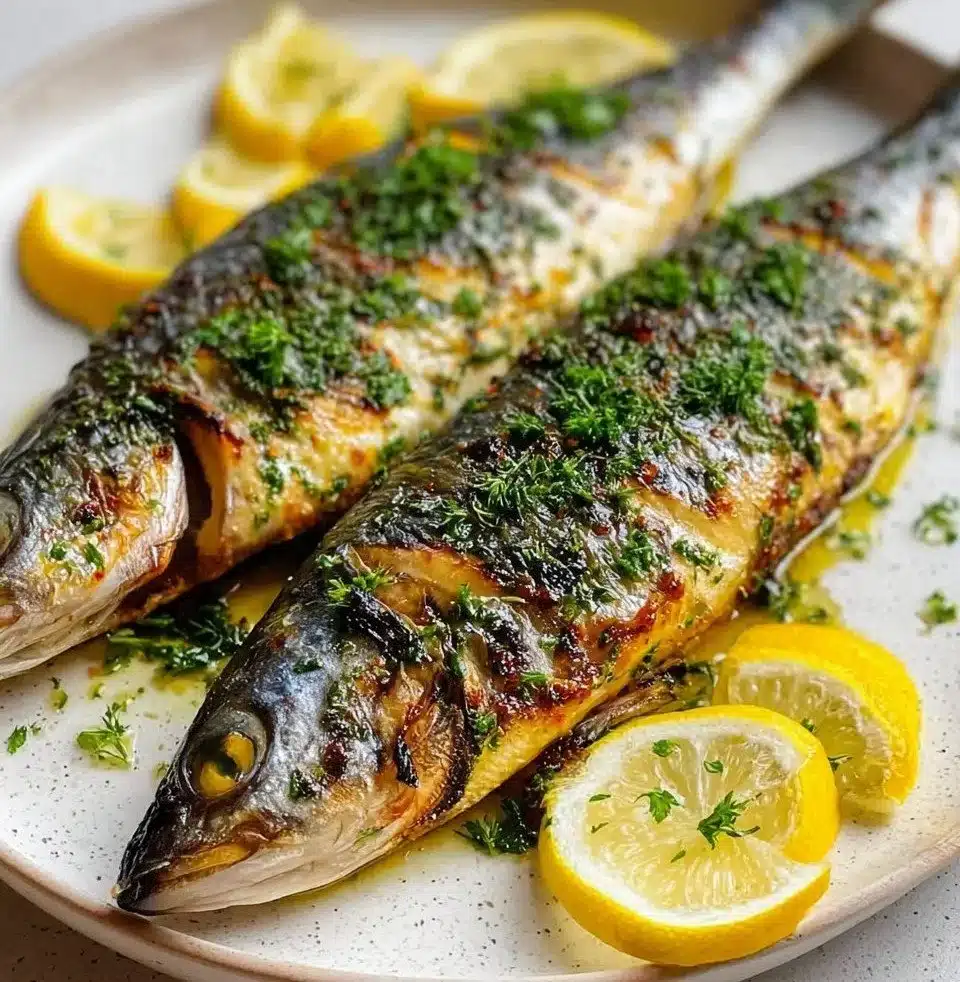 Delicious roasted branzino with lemon and herbs served on a plate