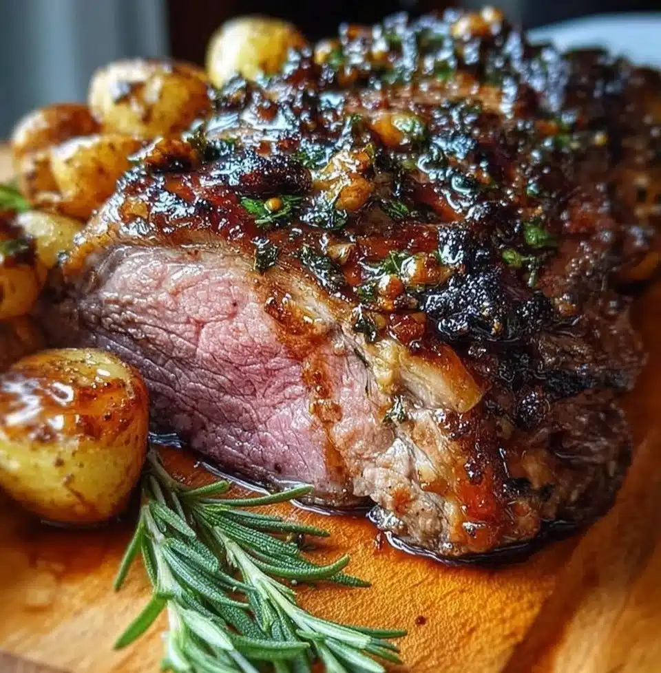 Delicious roasted leg of lamb served with herbs and vegetables