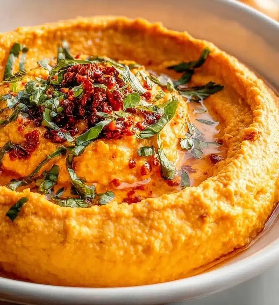 Bowl of roasted red pepper hummus served with pita and vegetables