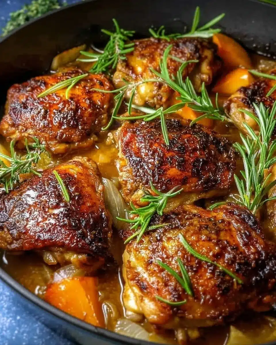 Rosemary apple cider chicken dish garnished with herbs and served on a plate.