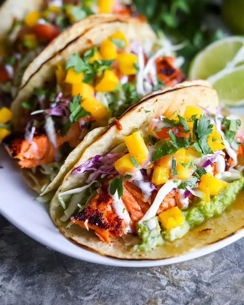 Plate of flavorful salmon tacos with vibrant toppings