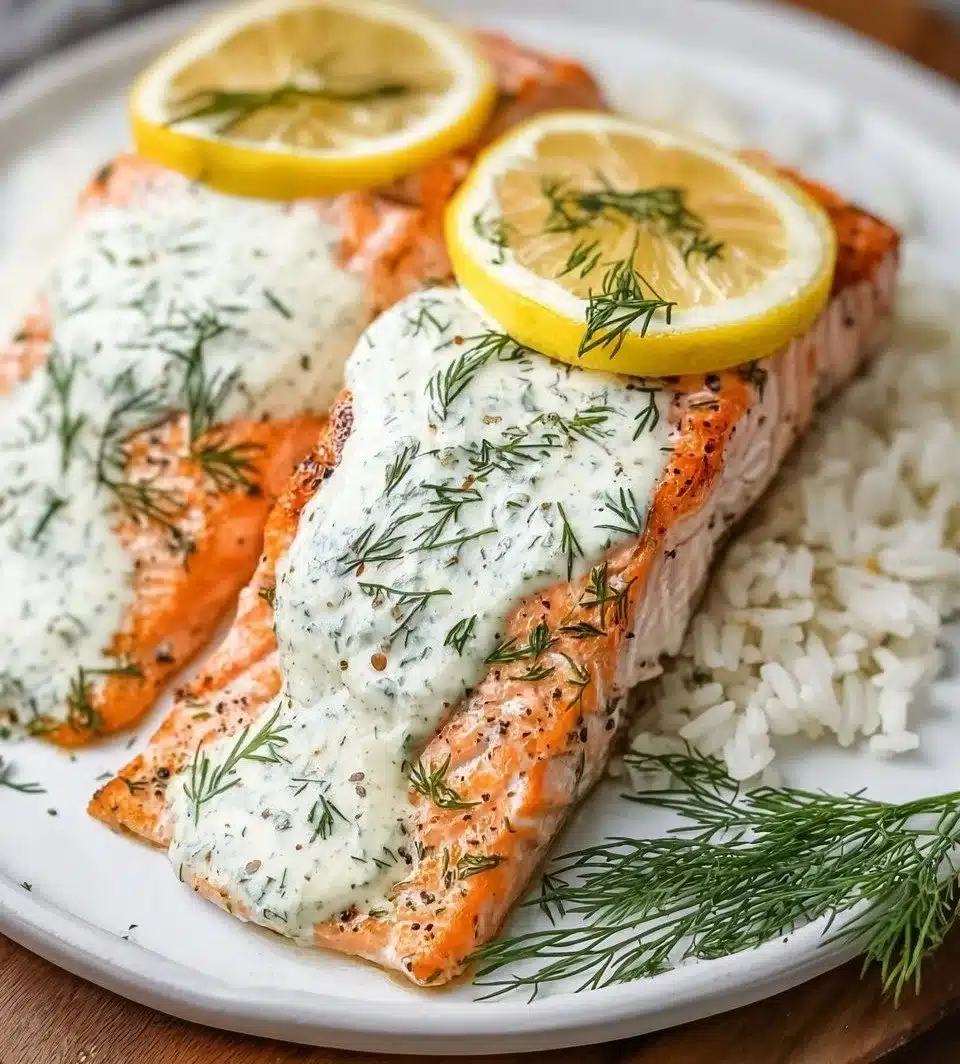 Delicious salmon fillet topped with lemon dill sauce on a white plate