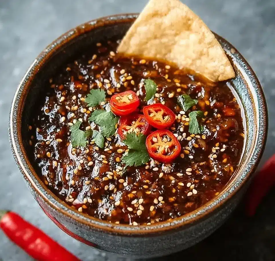 A vibrant Salsa Macha with sesame seeds served in a bowl.