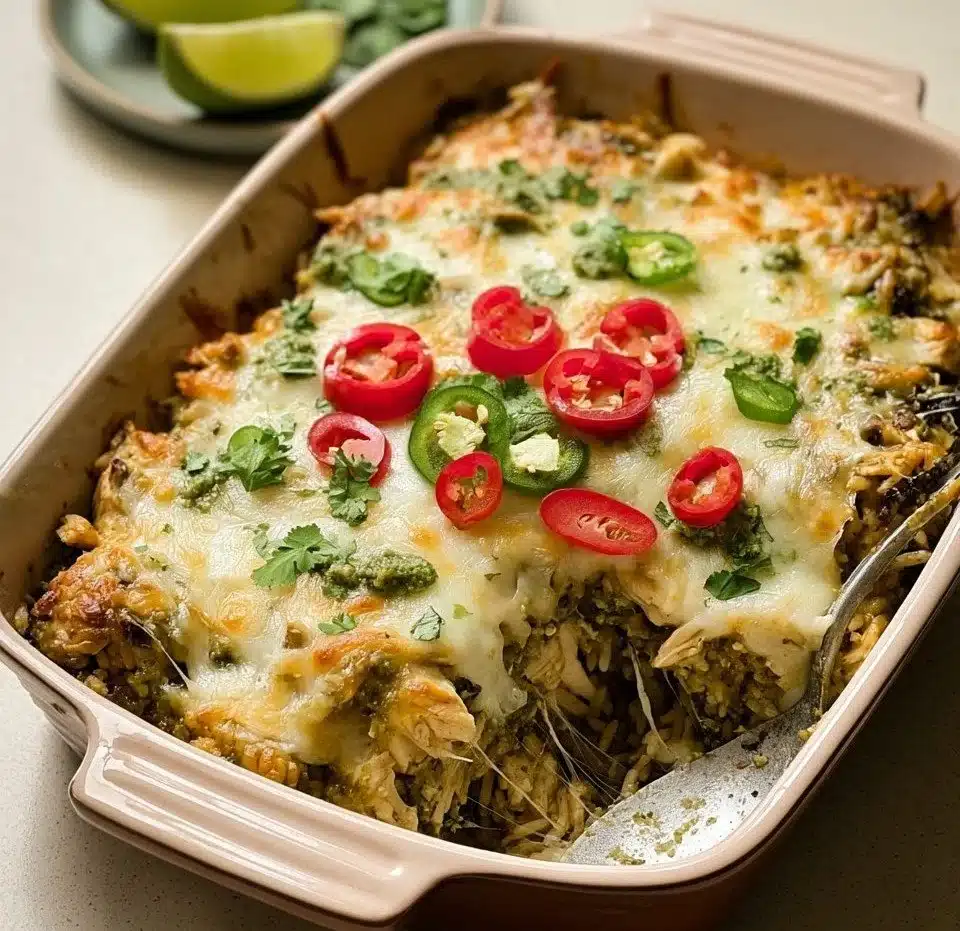 Salsa Verde Chicken Casserole topped with fresh cilantro and cheese