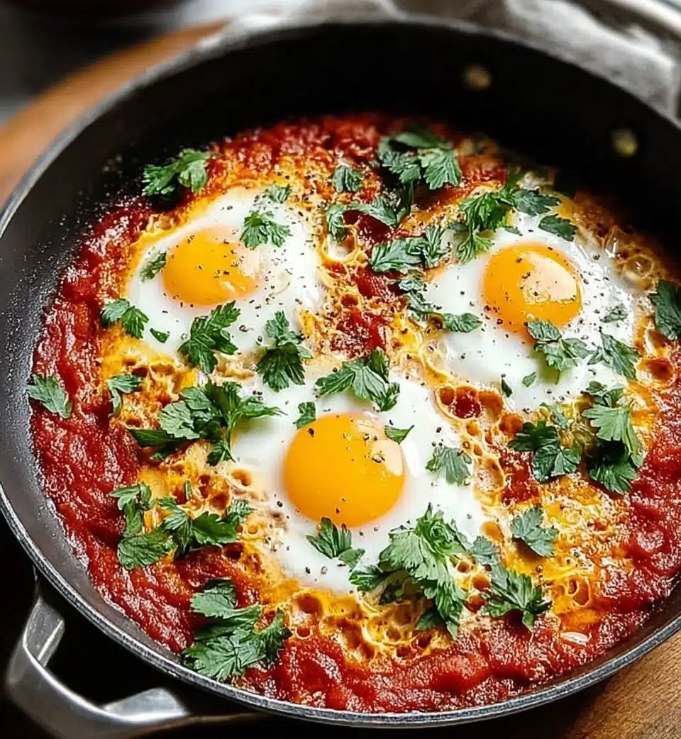 Delicious shakshuka served in a skillet with eggs and tomatoes