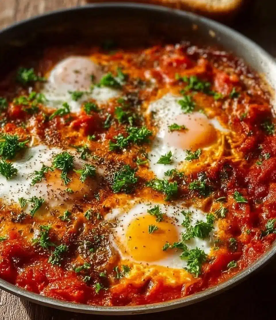 Delicious Shakshuka served hot in a skillet topped with eggs and fresh herbs