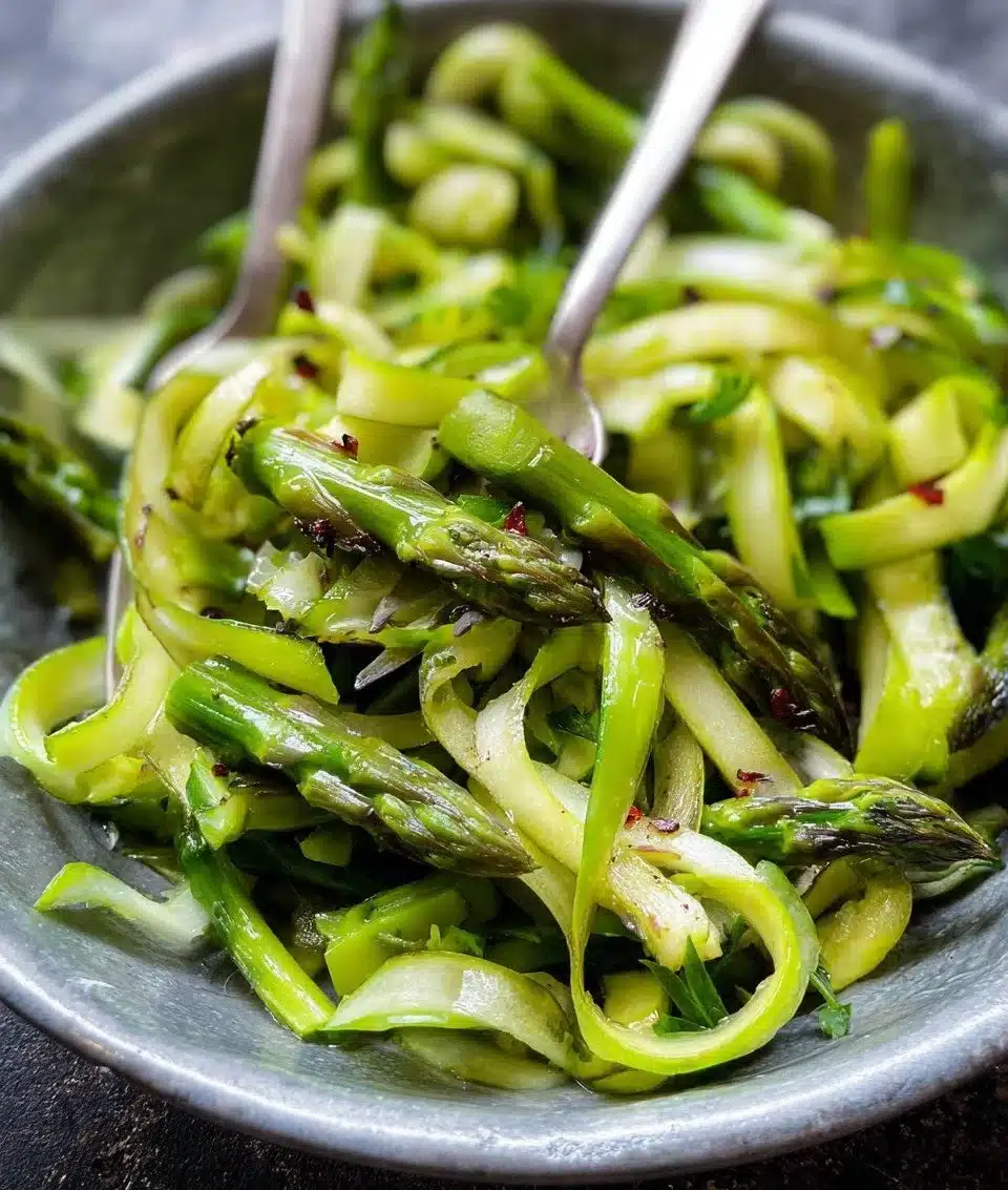 Delicious shaved asparagus salad with fresh ingredients and vibrant dressing.