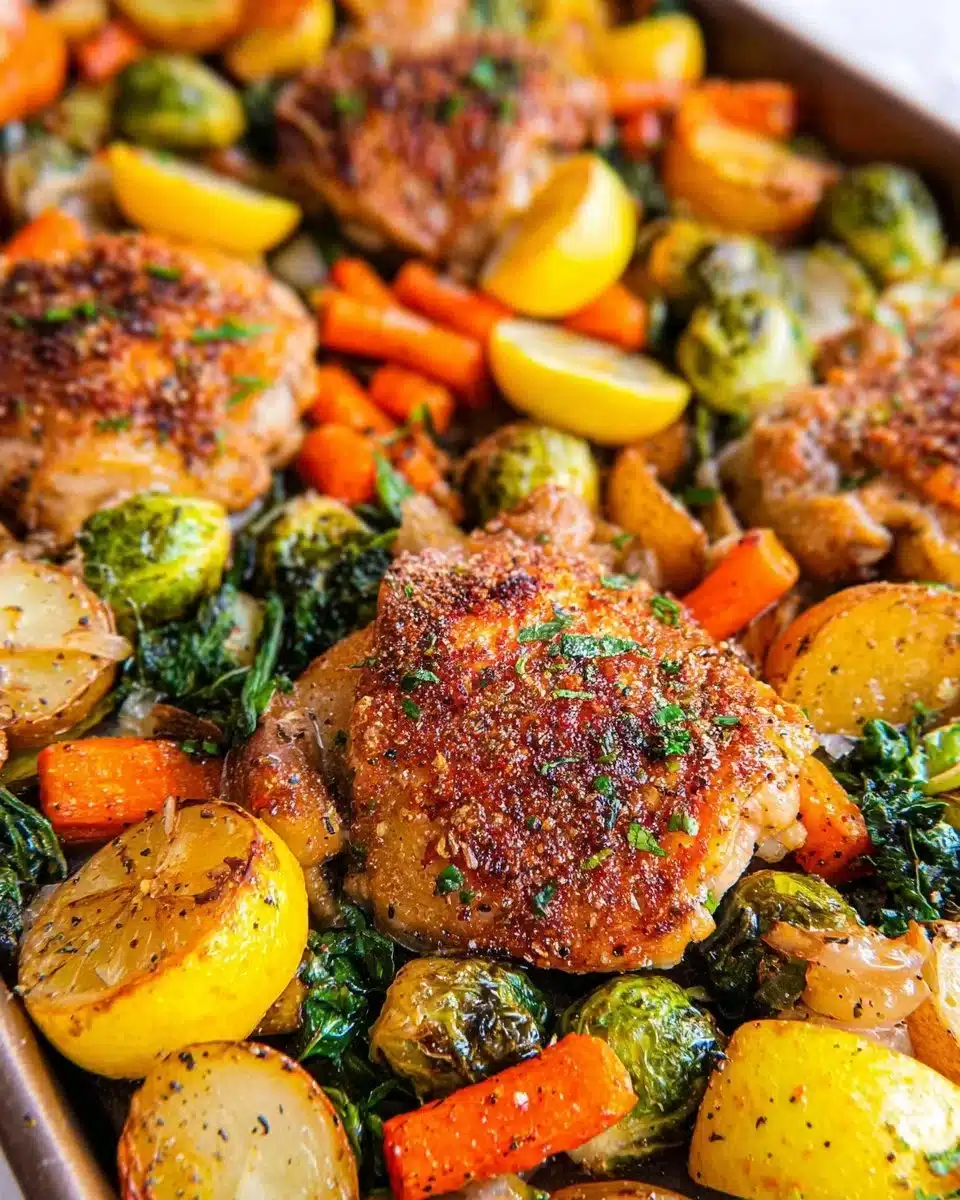 Sheet pan chicken thighs with seasonal vegetables ready to serve.
