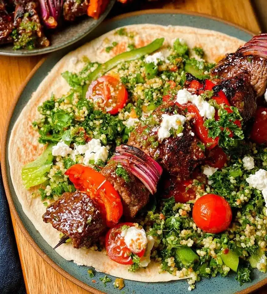 Sheet pan kebabs cooked with vegetables and meat, ready to serve