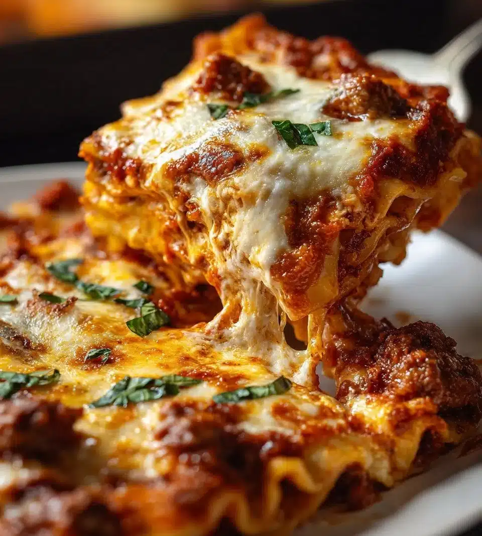 Delicious Sheet Pan Lasagna served hot with layers of cheese and meat