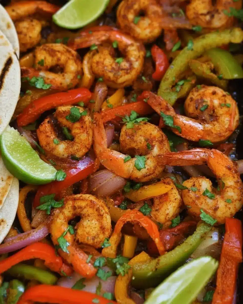 Sheet pan shrimp fajitas served with colorful bell peppers