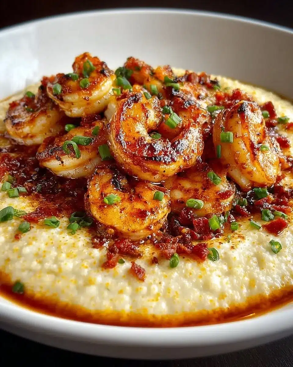 A delicious serving of shrimp and grits topped with spices and herbs.