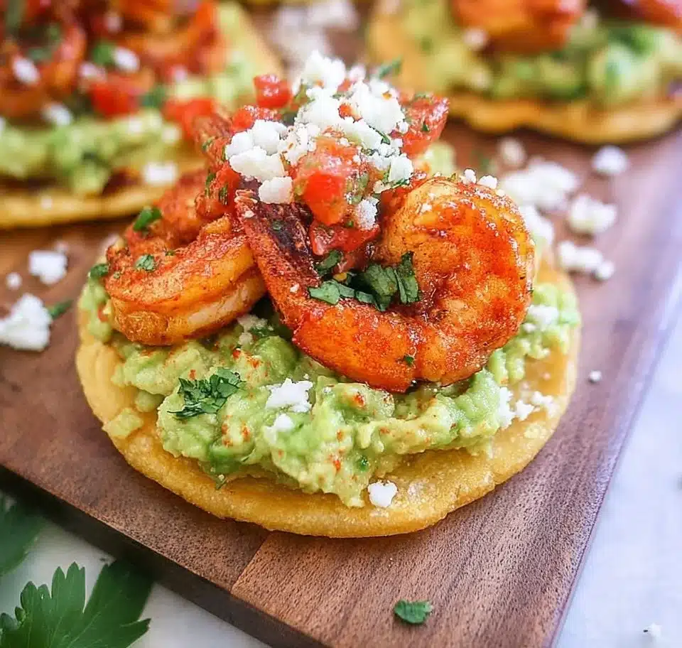 Shrimp and guacamole tostadas served on a plate with fresh ingredients