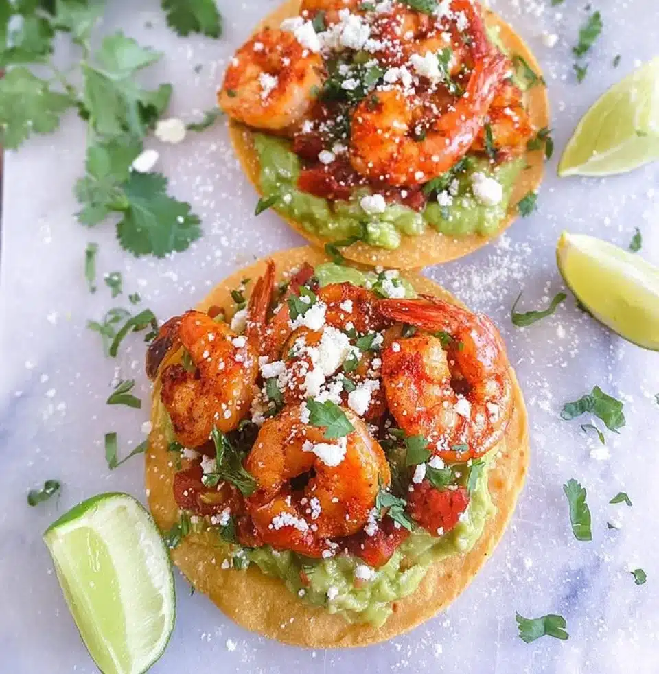 Spicy Shrimp and Guacamole Tostadas