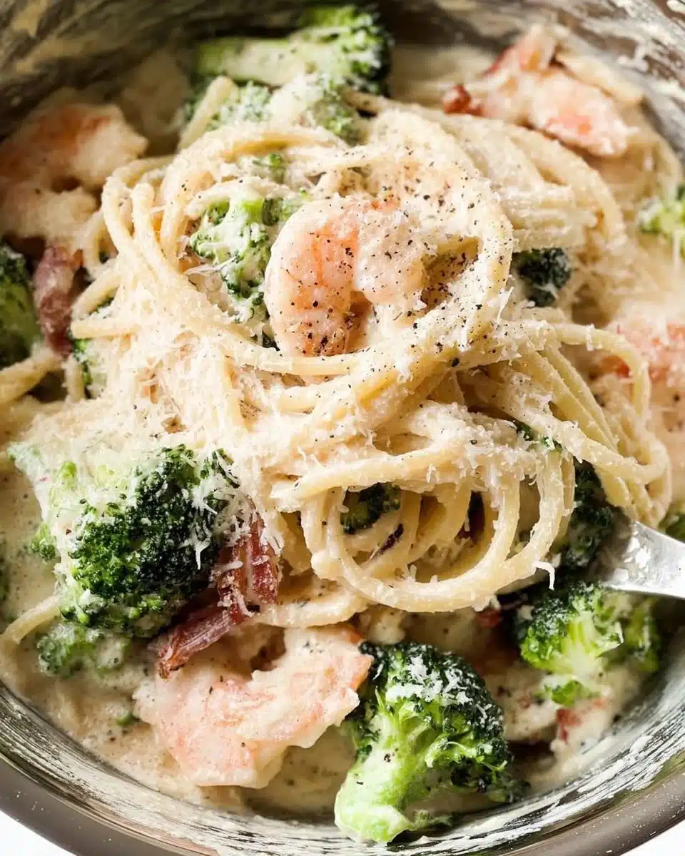 Shrimp broccoli pasta dish served in a bowl with garlic and herbs.