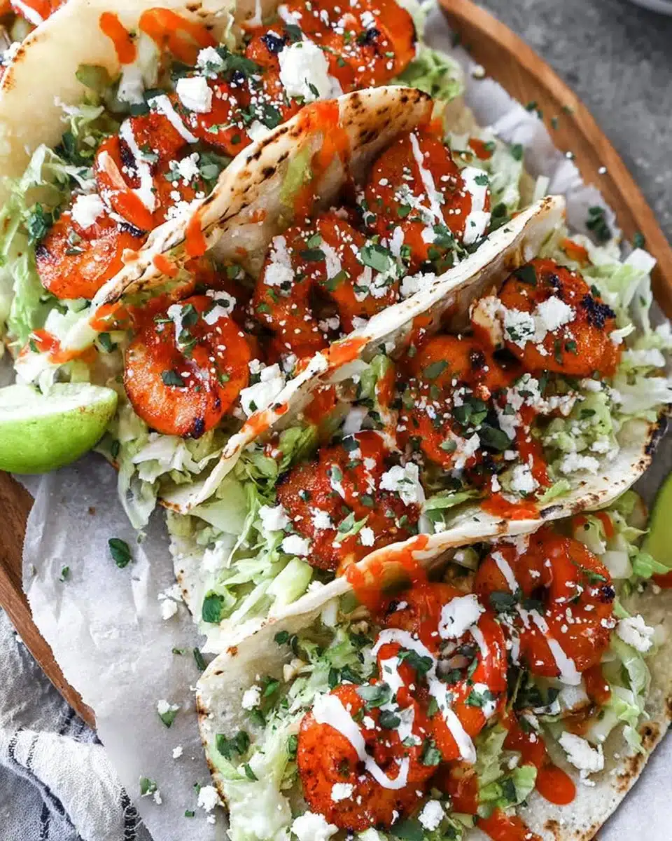 Delicious shrimp tacos garnished with fresh toppings and lime.