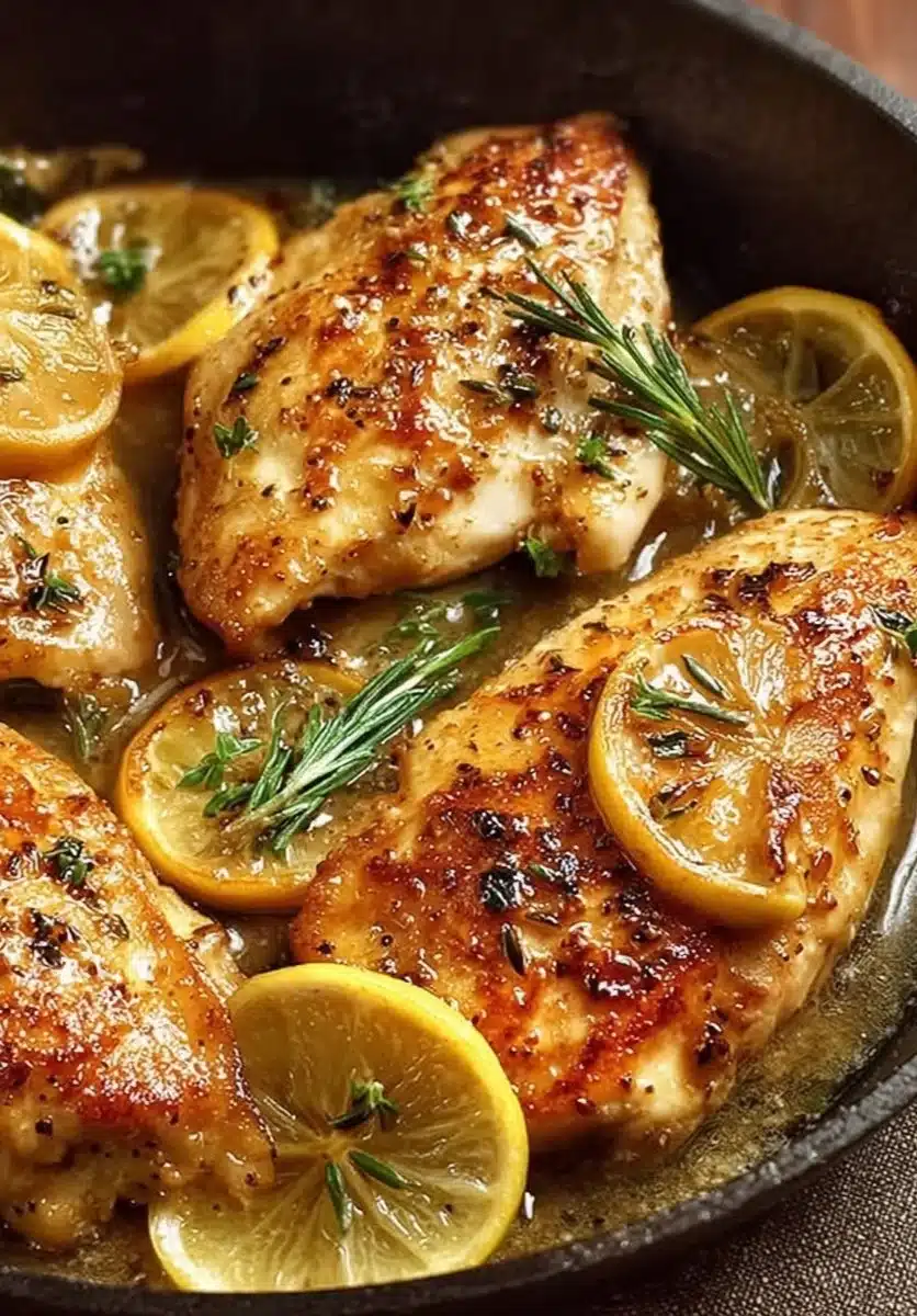 Skillet Lemon Chicken served on a plate with fresh herbs and lemon slices.
