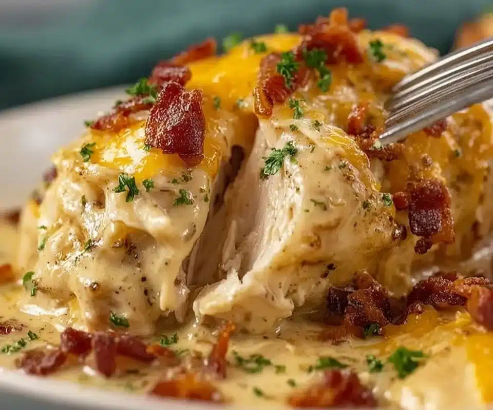 Bowl of slow cooker crack chicken served with green onions and cheese garnish