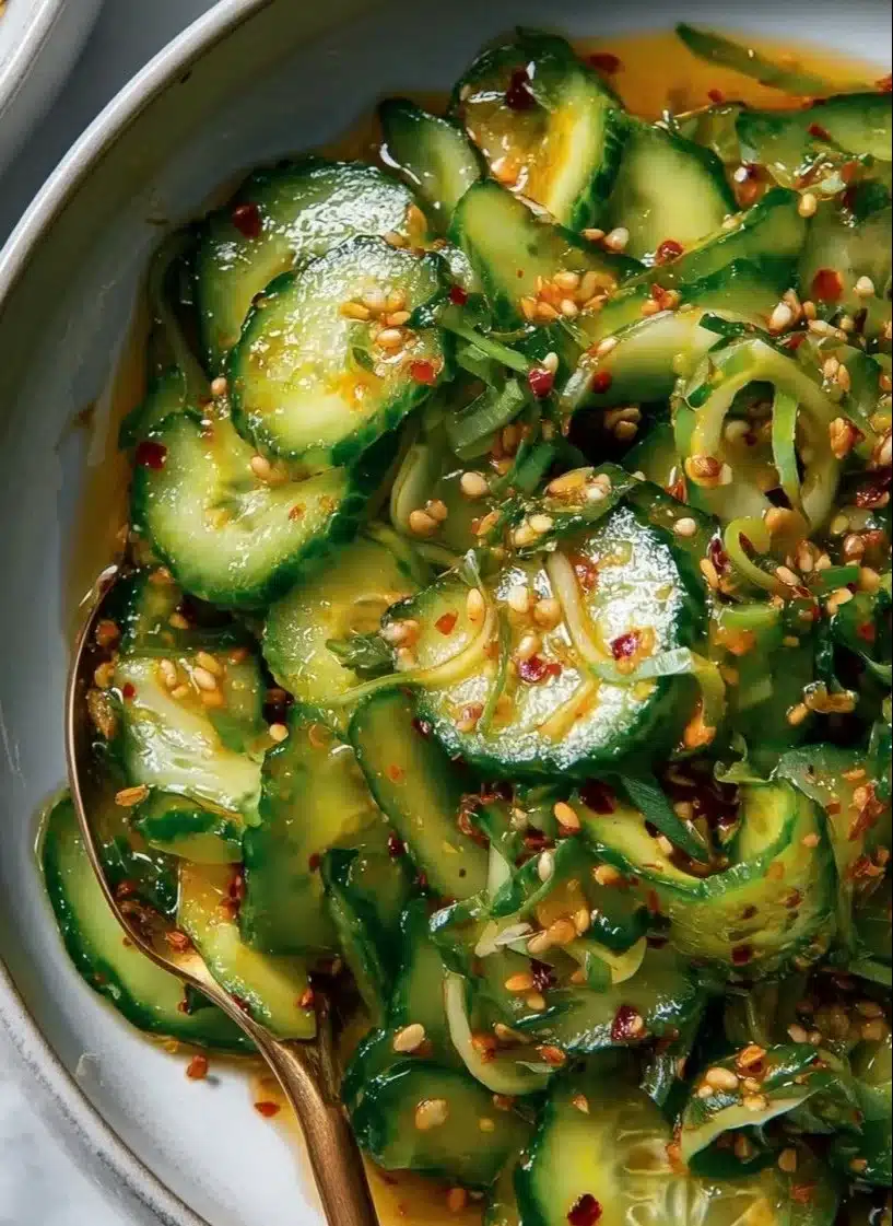 Smashed cucumber salad topped with chili crisp, garnished with herbs.