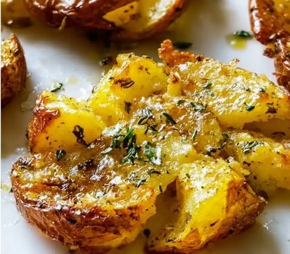 Deliciously crispy smashed potatoes served on a white plate.